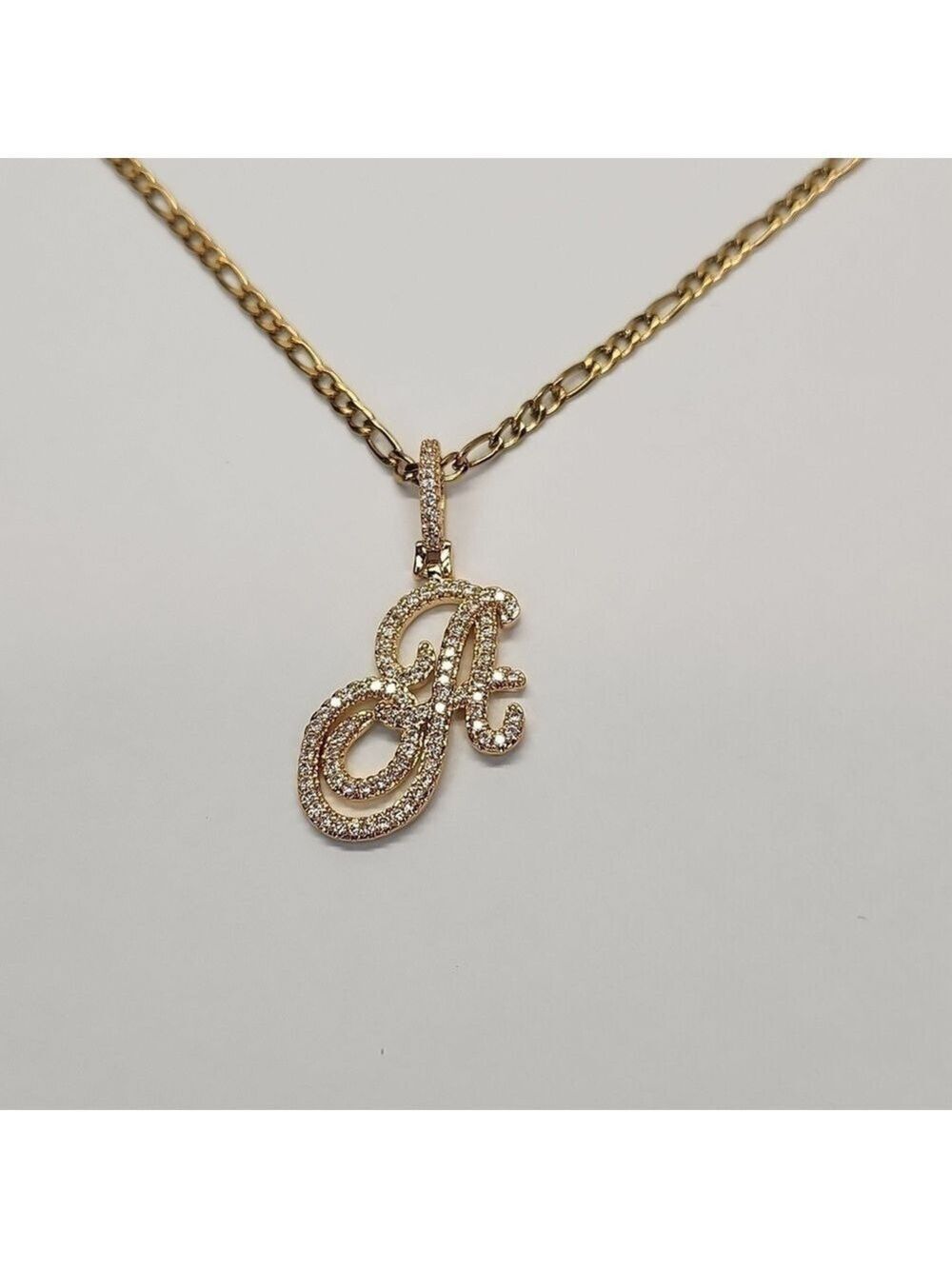 18k Gold Plated Simulated Diamond Script Letter Necklace, Figaro Style Chain.